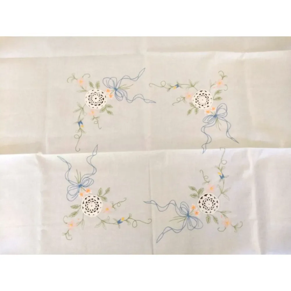 VTG Embroidered White Linen Floral Teacloth TABLECLOTH & 8‎ NAPKINS Scallop Edge